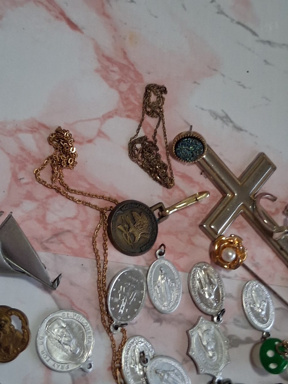 Gold-Tone Religious Medal Necklace and Cross Pendants - Gold, Silver